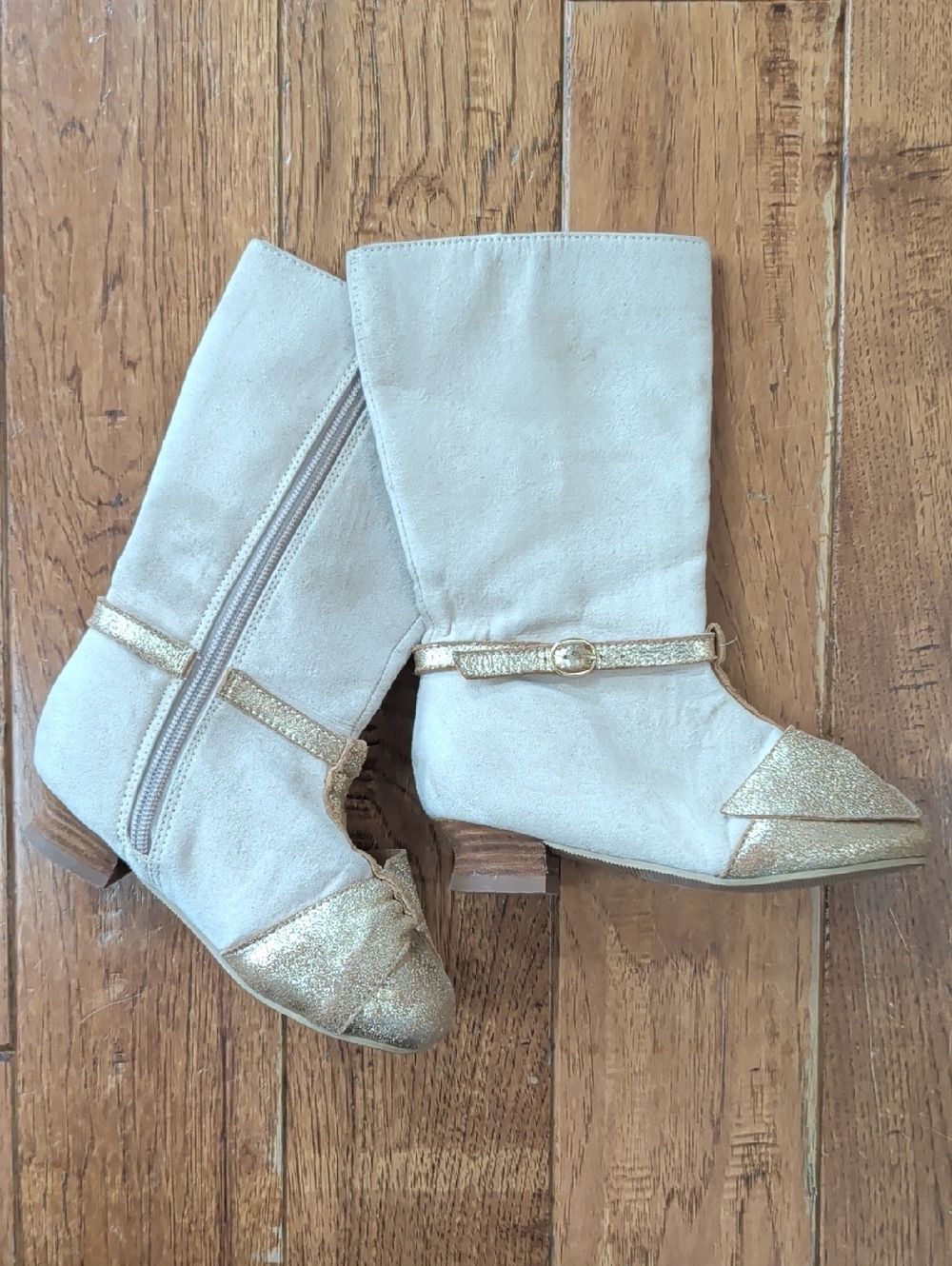 Joyfolie Cabria Cream Suede Ankle Boots with Gold Accent Bow Strap